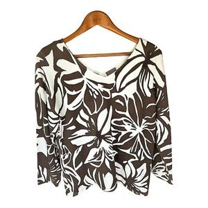 Sigrid Olsen Brown & White V Sweater Size Large Floral Double V 3/4 Sleeve Knit